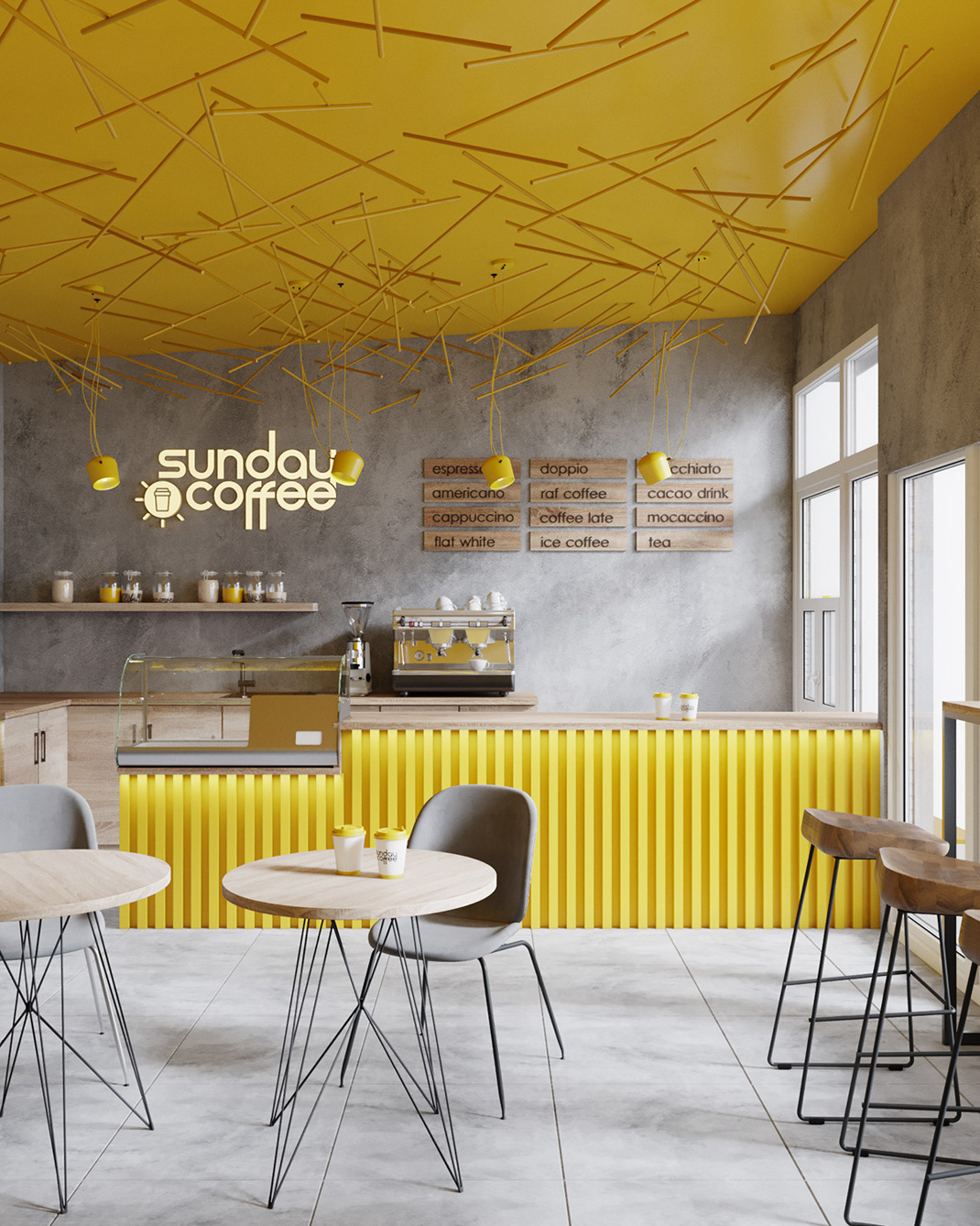 星期日咖啡馆 乌克兰 咖啡馆 黄色 logo设计 vi设计 空间设计