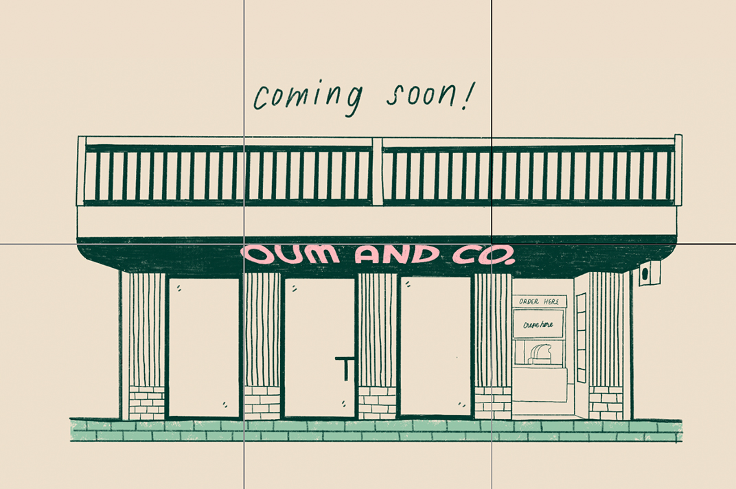 OUM AND CO 可丽饼咖啡店 泰国 曼谷 咖啡店 饼 粉色 绿色 瓷砖 logo设计 vi设计 空间设计