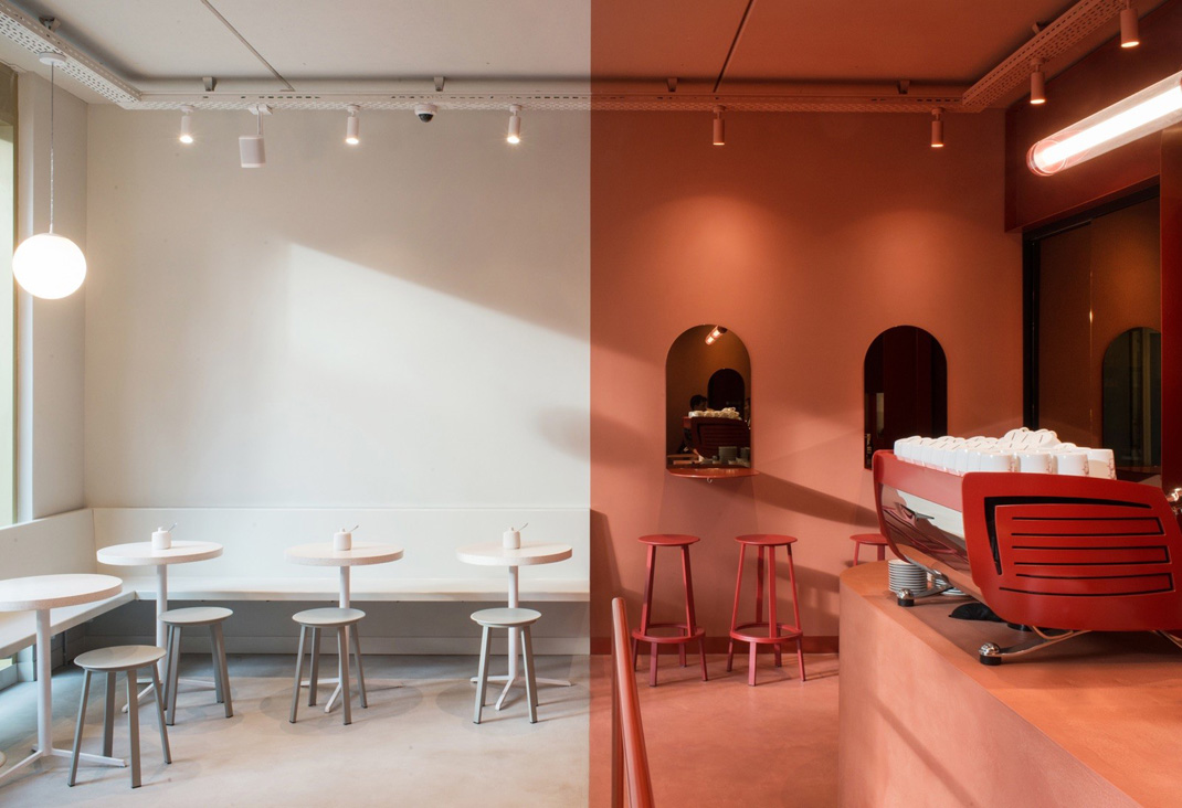 两种色系分割的咖啡馆空间 比利时 咖啡厅 分割 红色 白色 logo设计 vi设计 空间设计 视觉餐饮