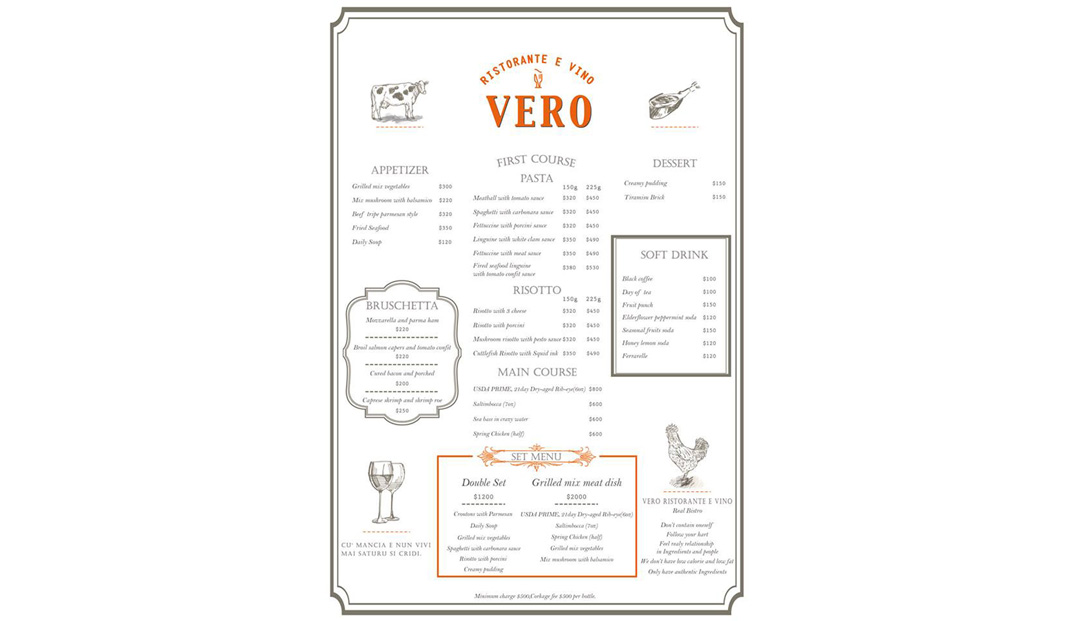 Vero 米若义式餐酒 意大利餐厅 字母 店招 菜单 标志设计 logo设计 vi设计 空间设计