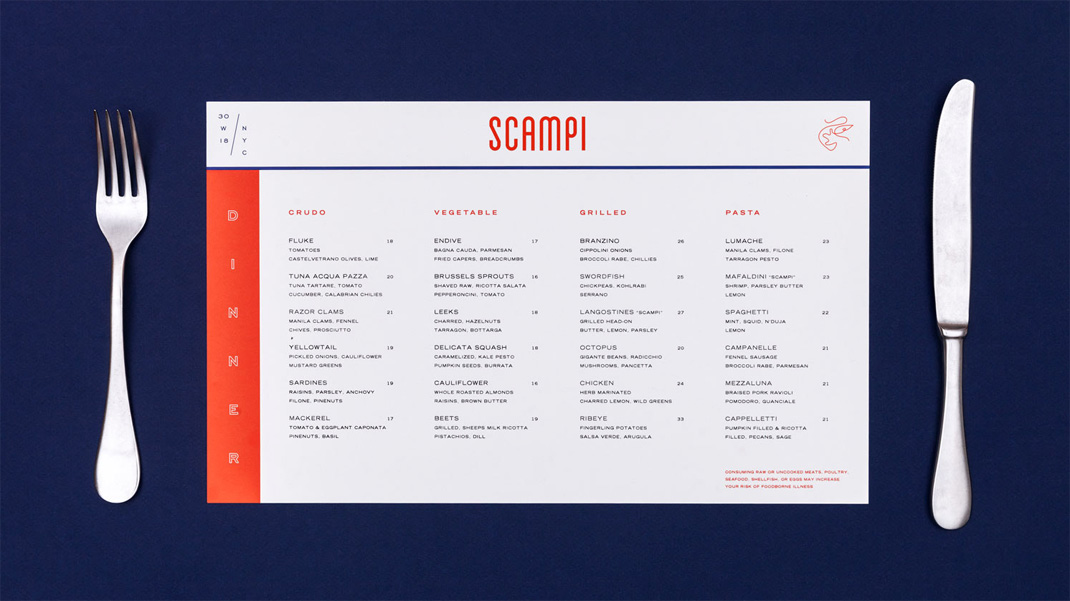 菜单菜单设计SCAMPI 意大利 菜单设计 海鲜 插画设计 logo设计 vi设计 空间设计