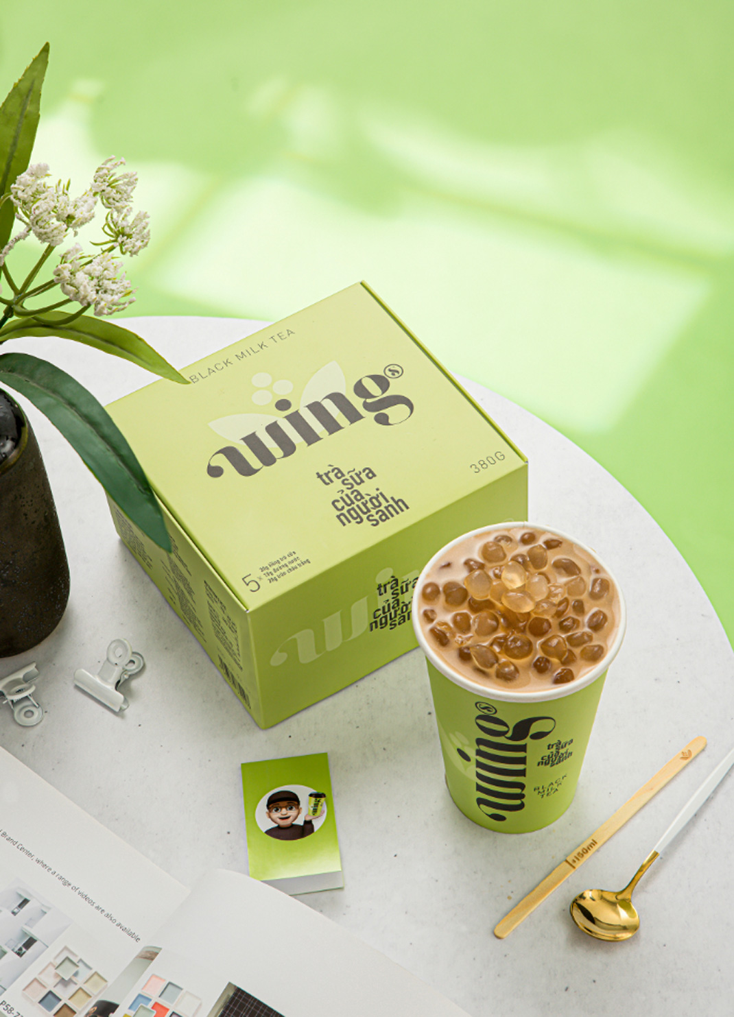 WINGS 速溶奶茶 - 黑奶茶 越南 河内 饮料 奶茶 字体设计 绿色 包装设计 logo设计 vi设计 空间设计