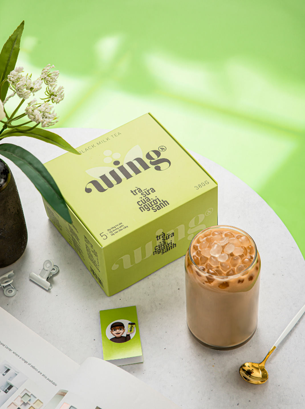 WINGS 速溶奶茶 - 黑奶茶 越南 河内 饮料 奶茶 字体设计 绿色 包装设计 logo设计 vi设计 空间设计